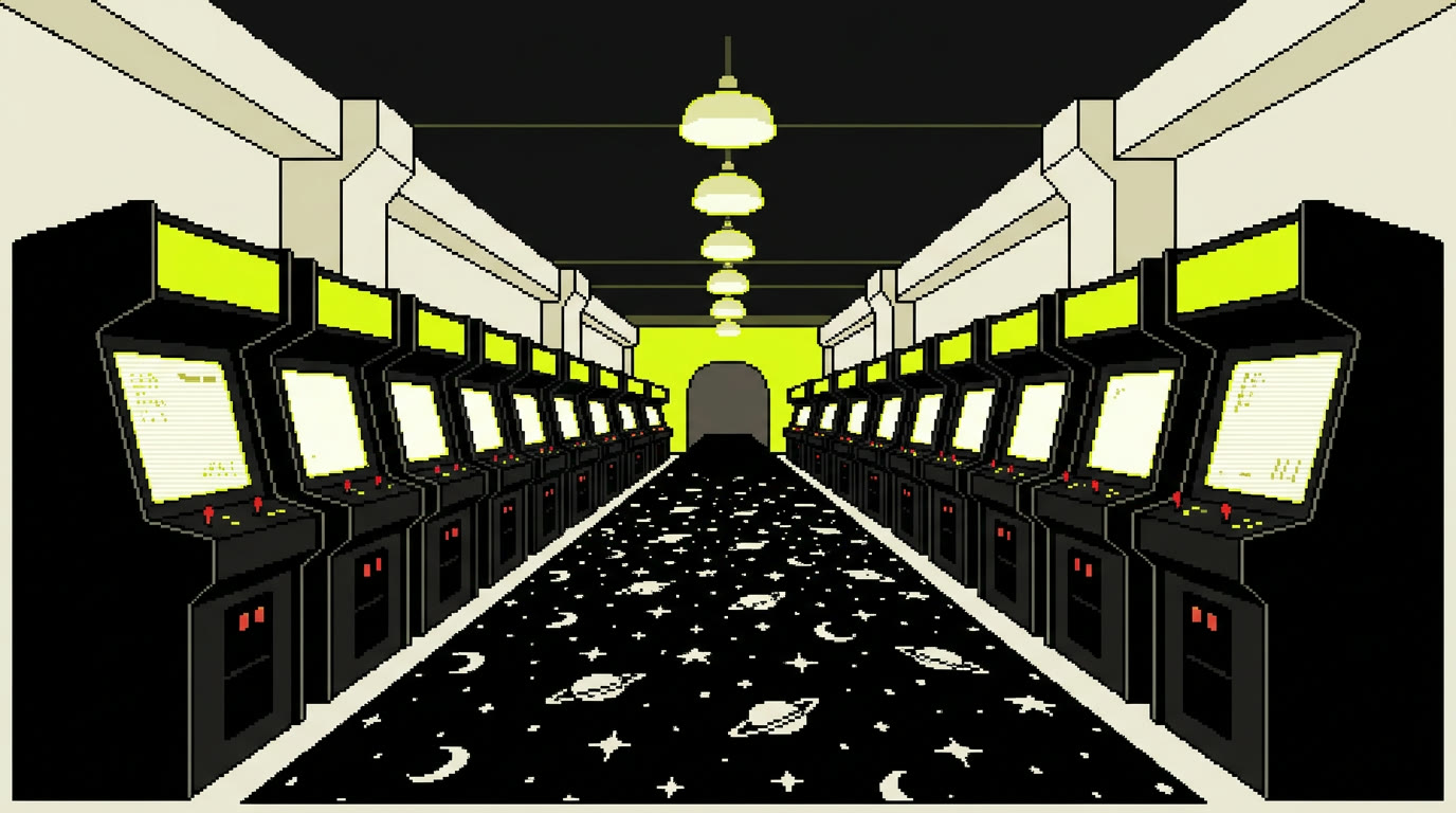 The Playtest hall: two rows of black cabinets with yellow marquees under cream lamps, a cosmic carpet down the middle